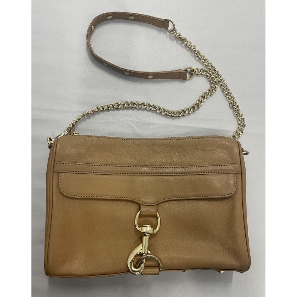 Rebecca Minkoff M.A.C.‎ tan leather crossbody bag with gold tone chain 11x8"